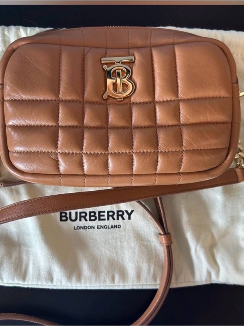 Burberry Tan Quilted Leather Camera Bag Mini Lola Crossbody Shoulder purse